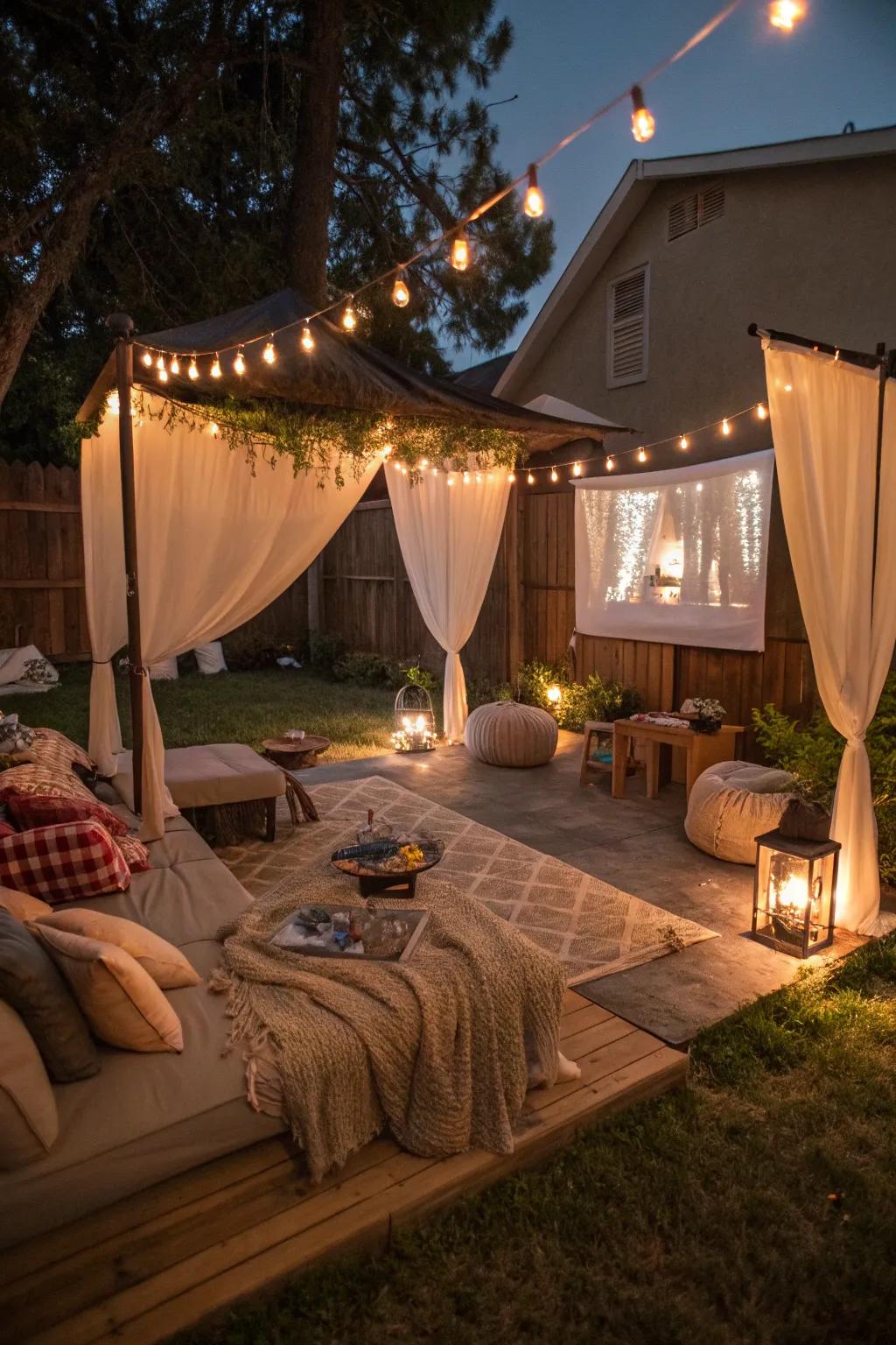 Fabric canopies create an intimate and elegant movie night setting.
