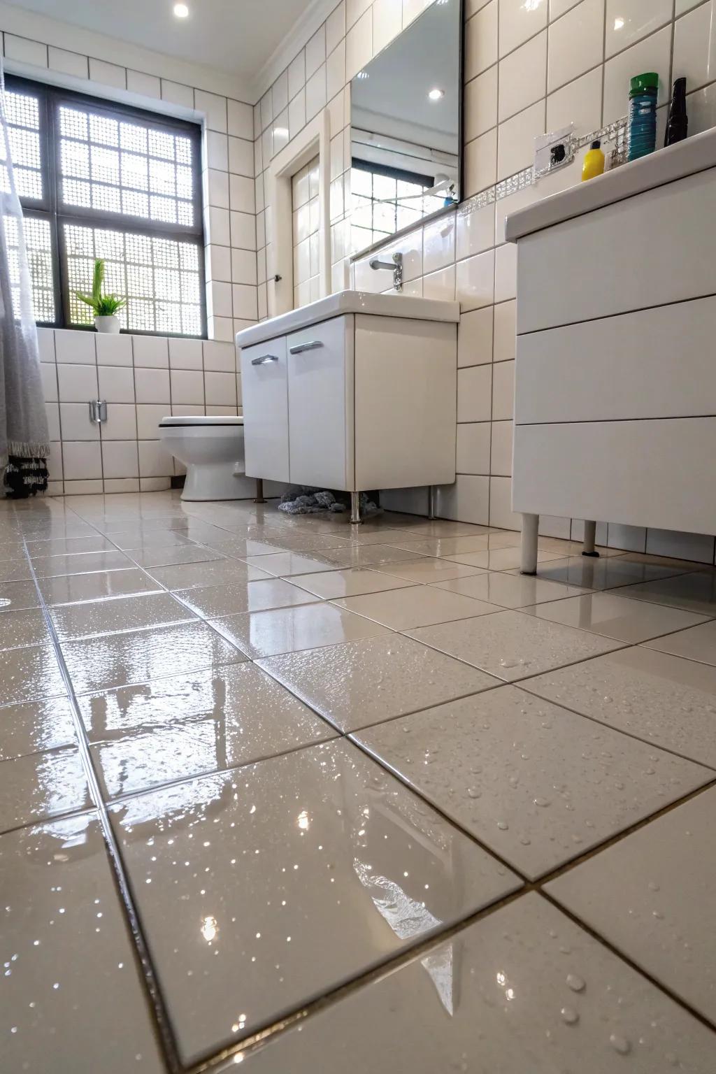A bathroom featuring polished tiles that appear slippery, creating a possible risk.