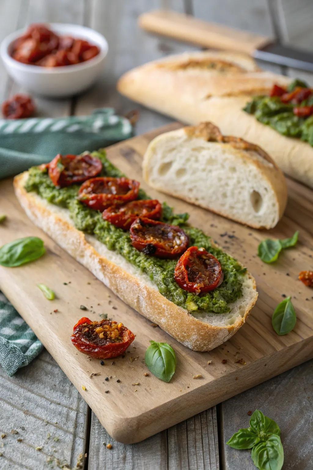 Basil paste and sun-dried tomatoes infuse an explosion of Italian essence into your French loaf.