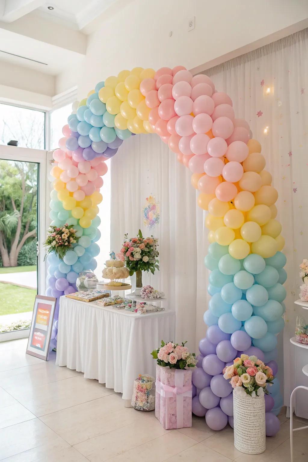 A soft rainbow balloon curve adds a colorful splash to the event.