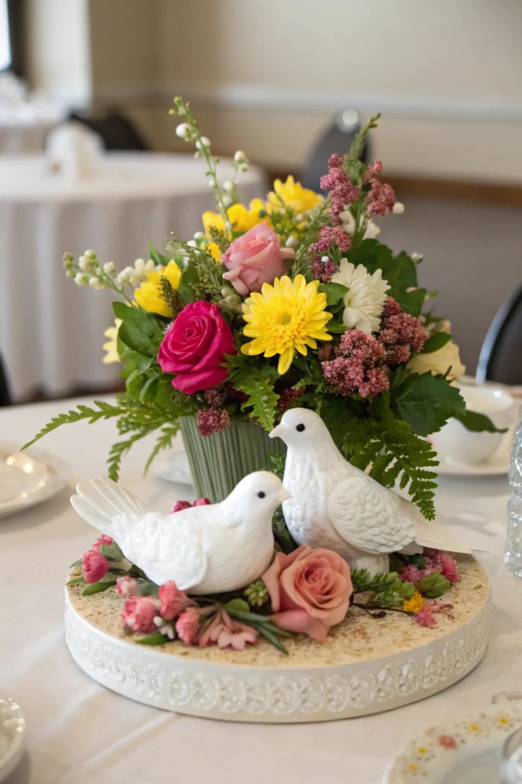 Dove figures add a sense of peace and tranquility.