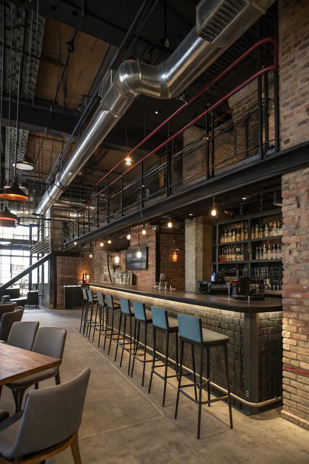 An industrial pipe foot rail adds a raw, edgy feel.