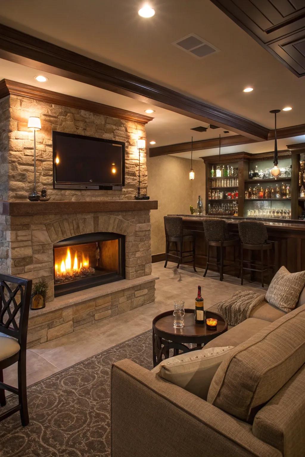 A fireplace builds a warm and welcoming bar setting.