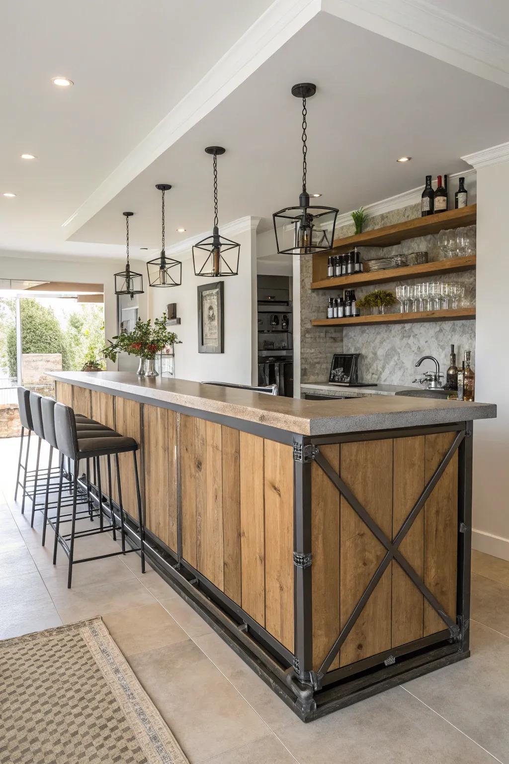 Mixed materials create a unique bar top.