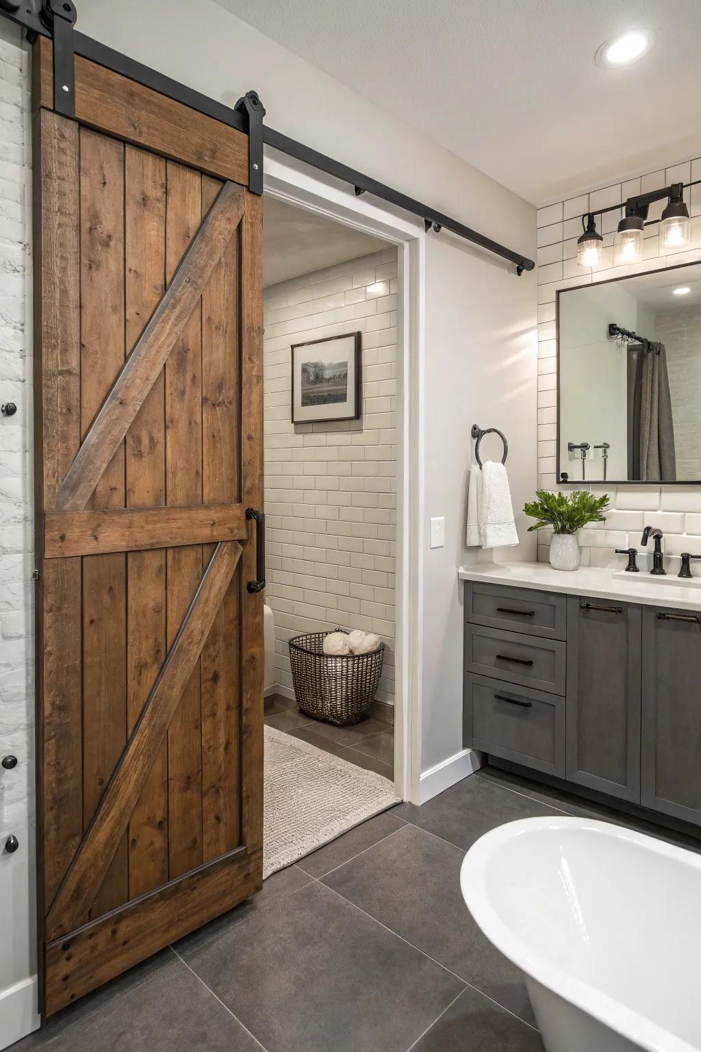 Metal accents elevate the barn door's character and style.
