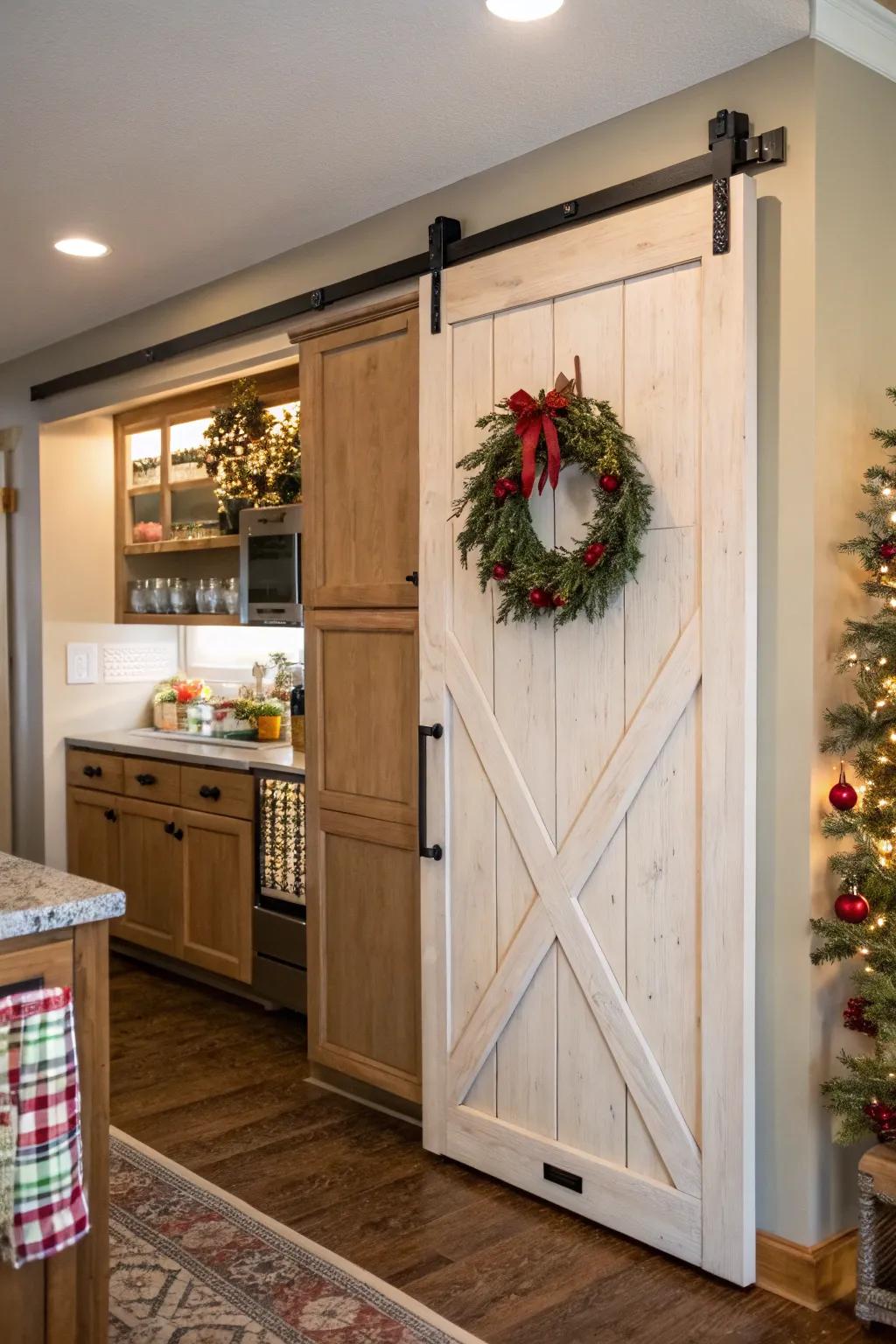 A kitchen featuring a sliding barn door pantry decorated with a seasonal wreath.