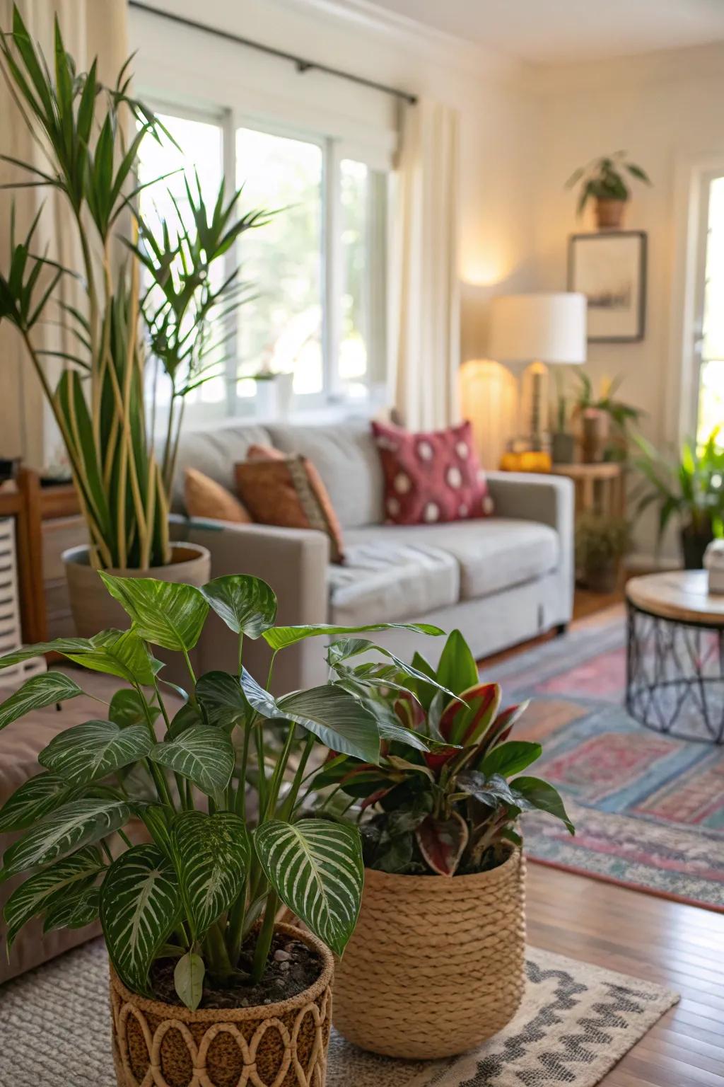 Indoor plants enhance the room's natural beauty