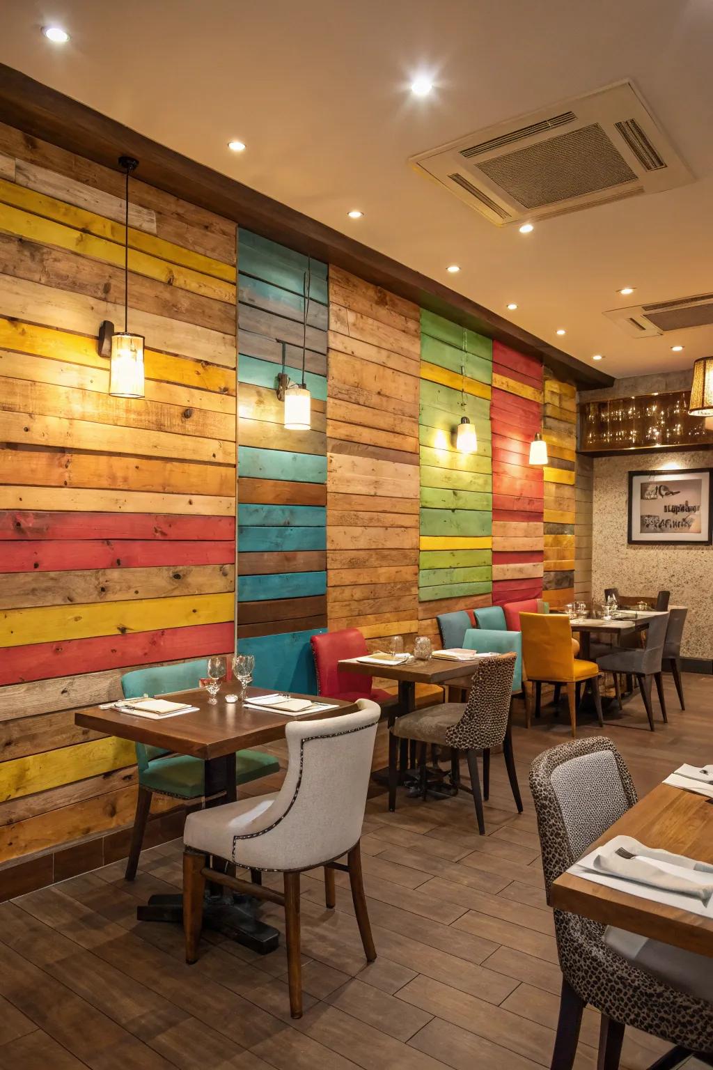 Incorporate color and character with a multicolor pallet timber wall.