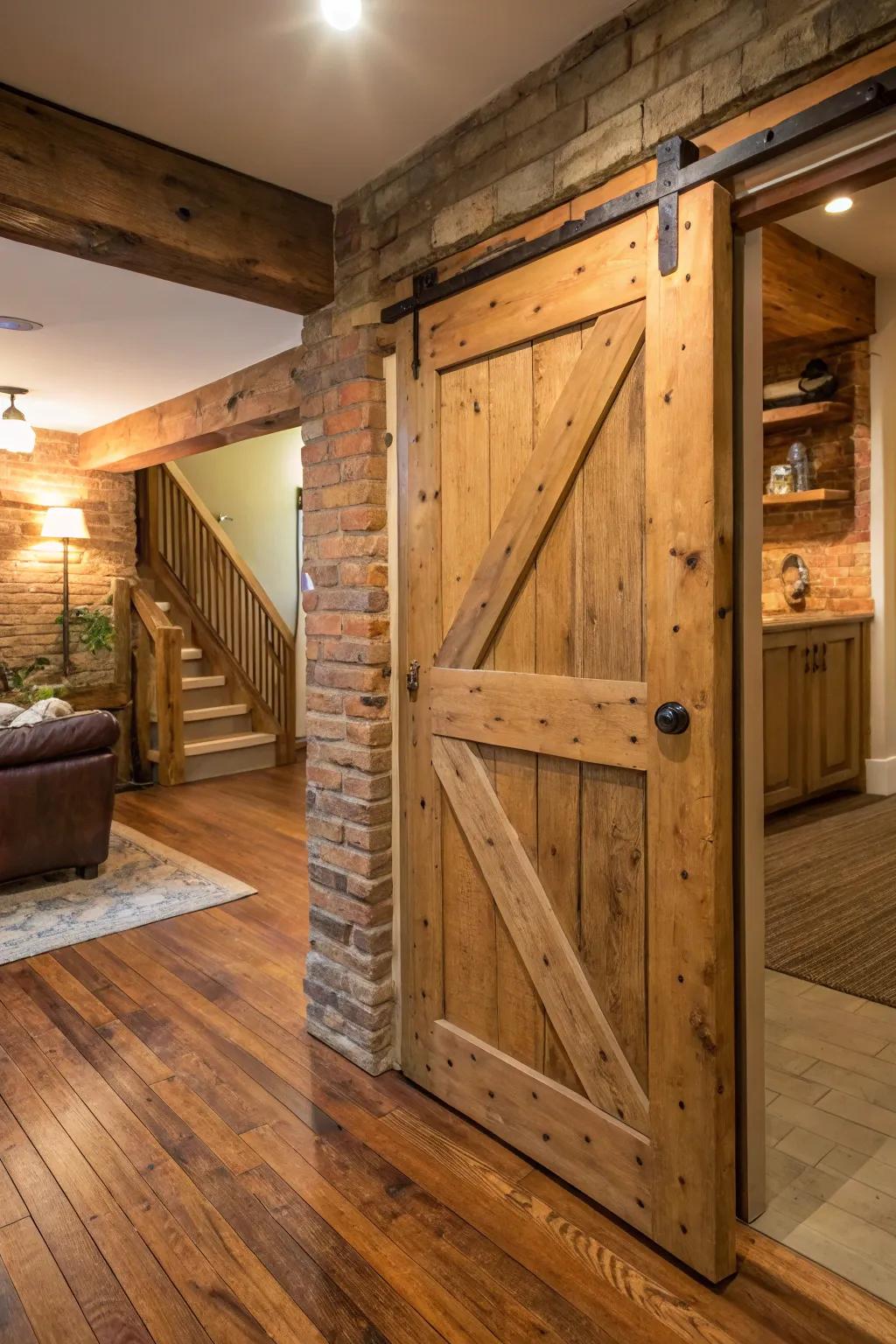An eco-friendly basement door crafted from salvaged wood adds warmth to the space.