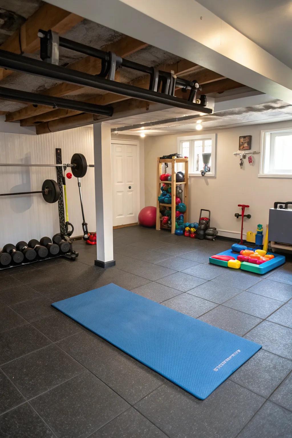 Flexible flooring provides durability and comfort for active areas.