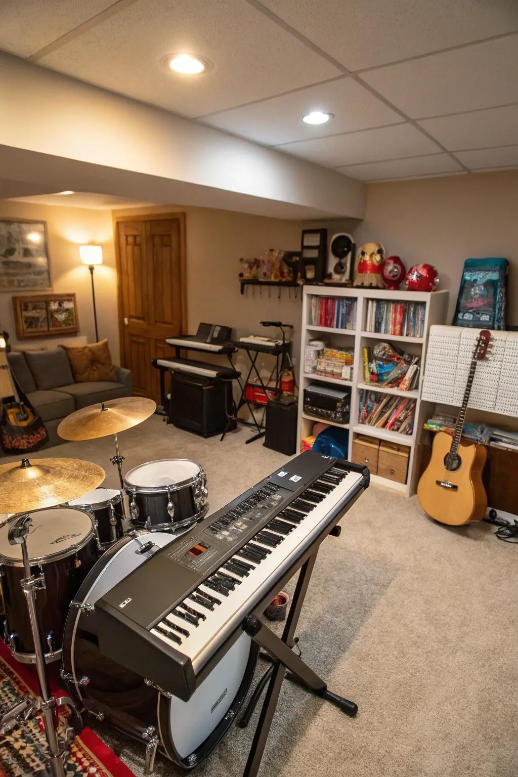 A music corner invites children to explore musical expression.