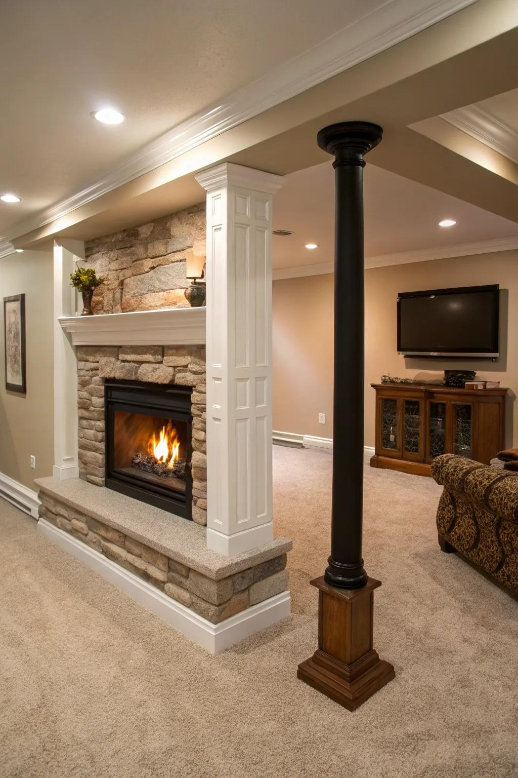 A cozy gas fireplace makes good use of a basement pole.