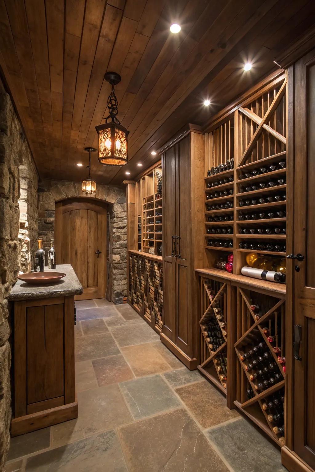 A sophisticated wine cellar in the basement featuring elegant storage and a tasting area.