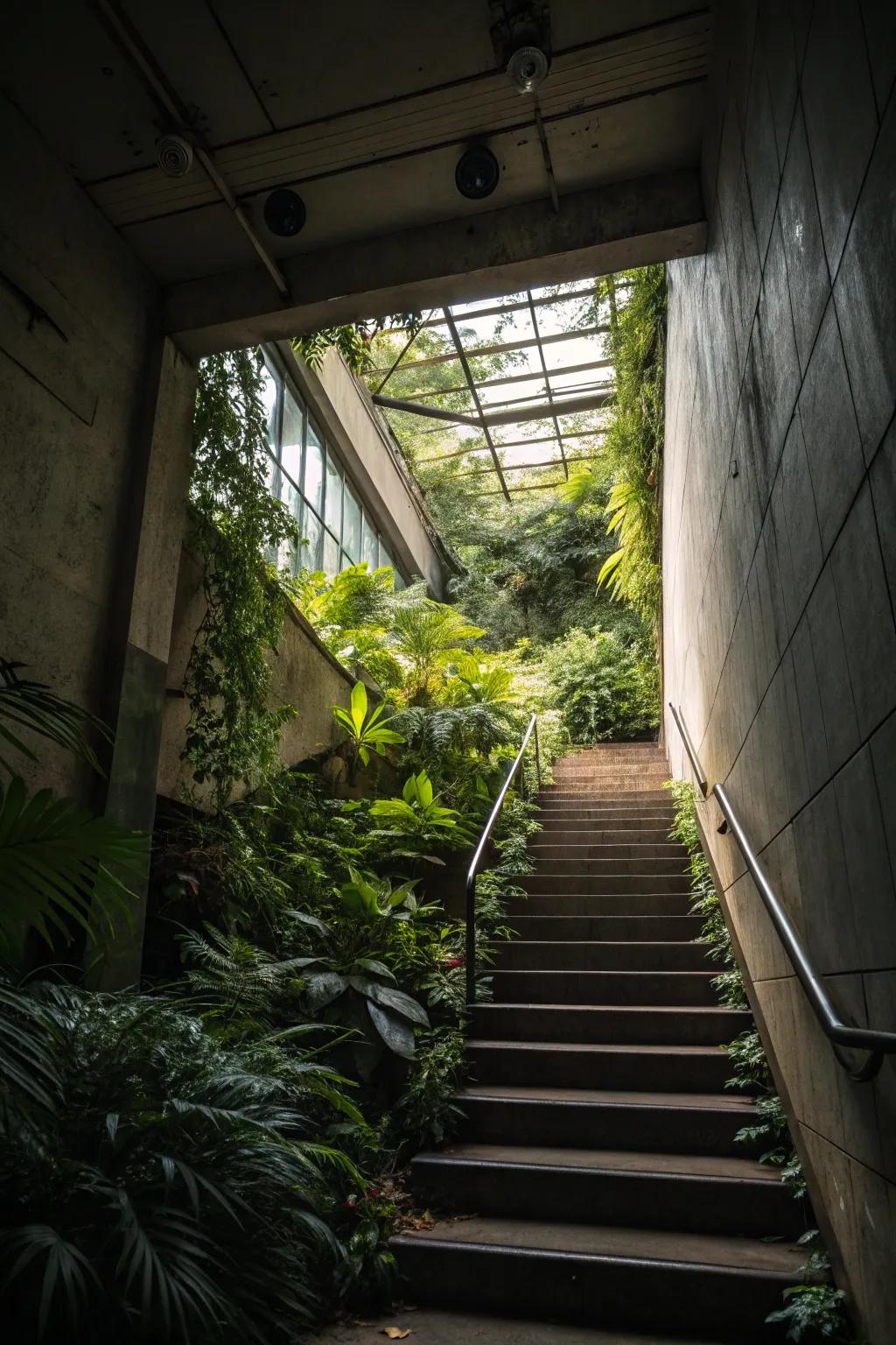 An indoor oasis transforms the stairway into a refreshing retreat.
