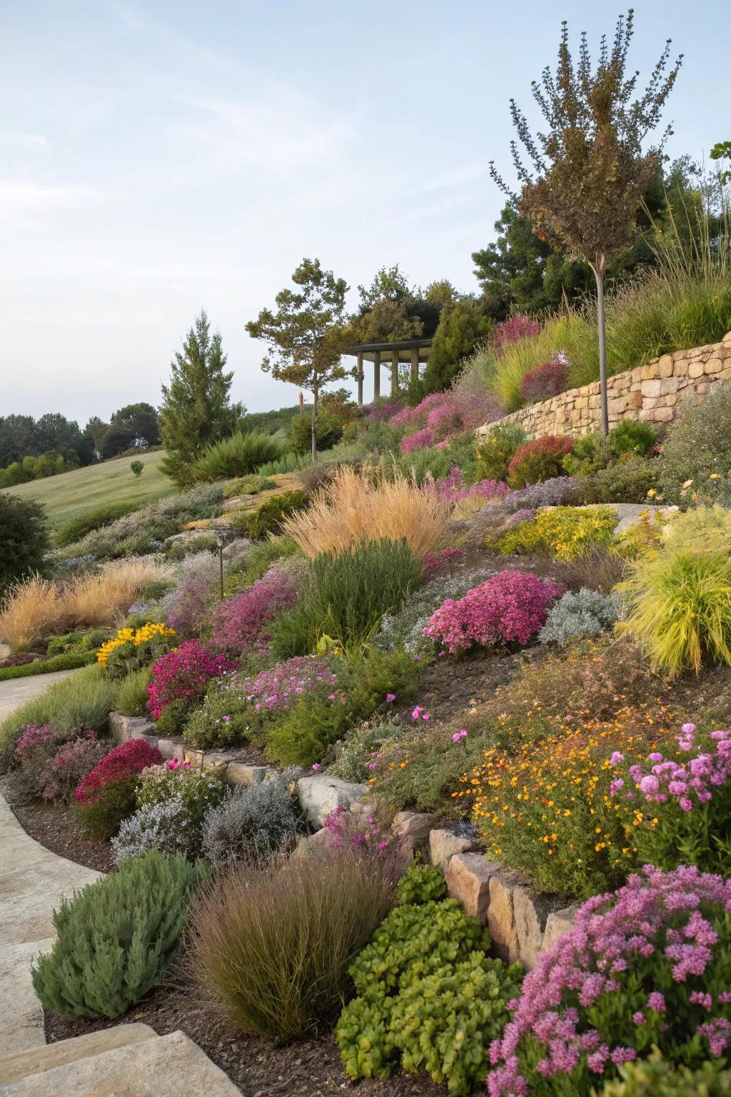 Layered plants create depth and variety in the garden.
