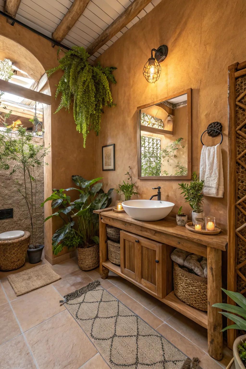 Comforting earthy tones create a welcoming and cozy bathroom ambiance.