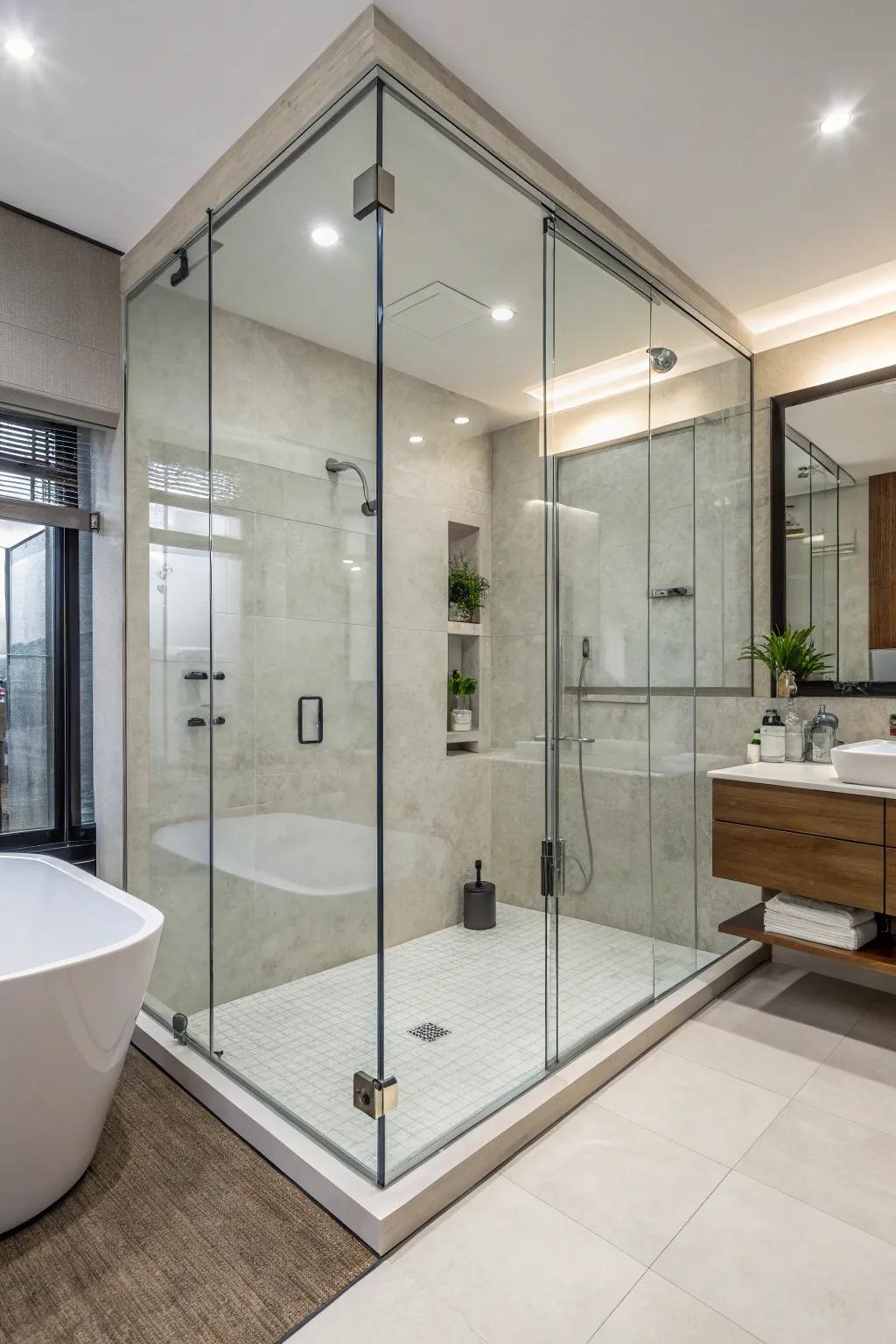 A modern bathroom with a glass shower stall, offering transparency and elegance.