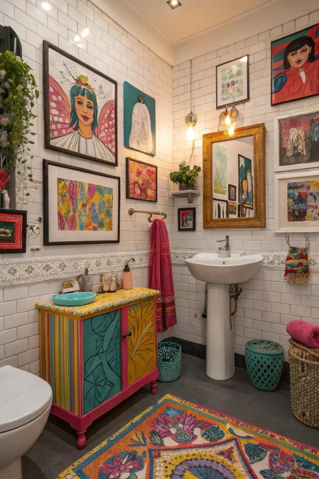 An inventive and diverse bathroom with colorful art and decor.