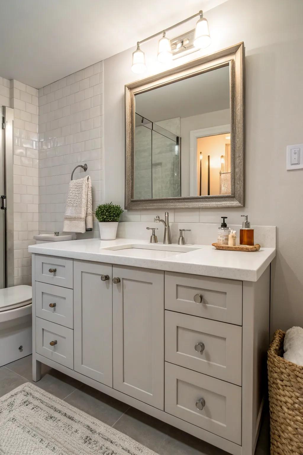 Neutral colors create a serene and timeless bathroom.