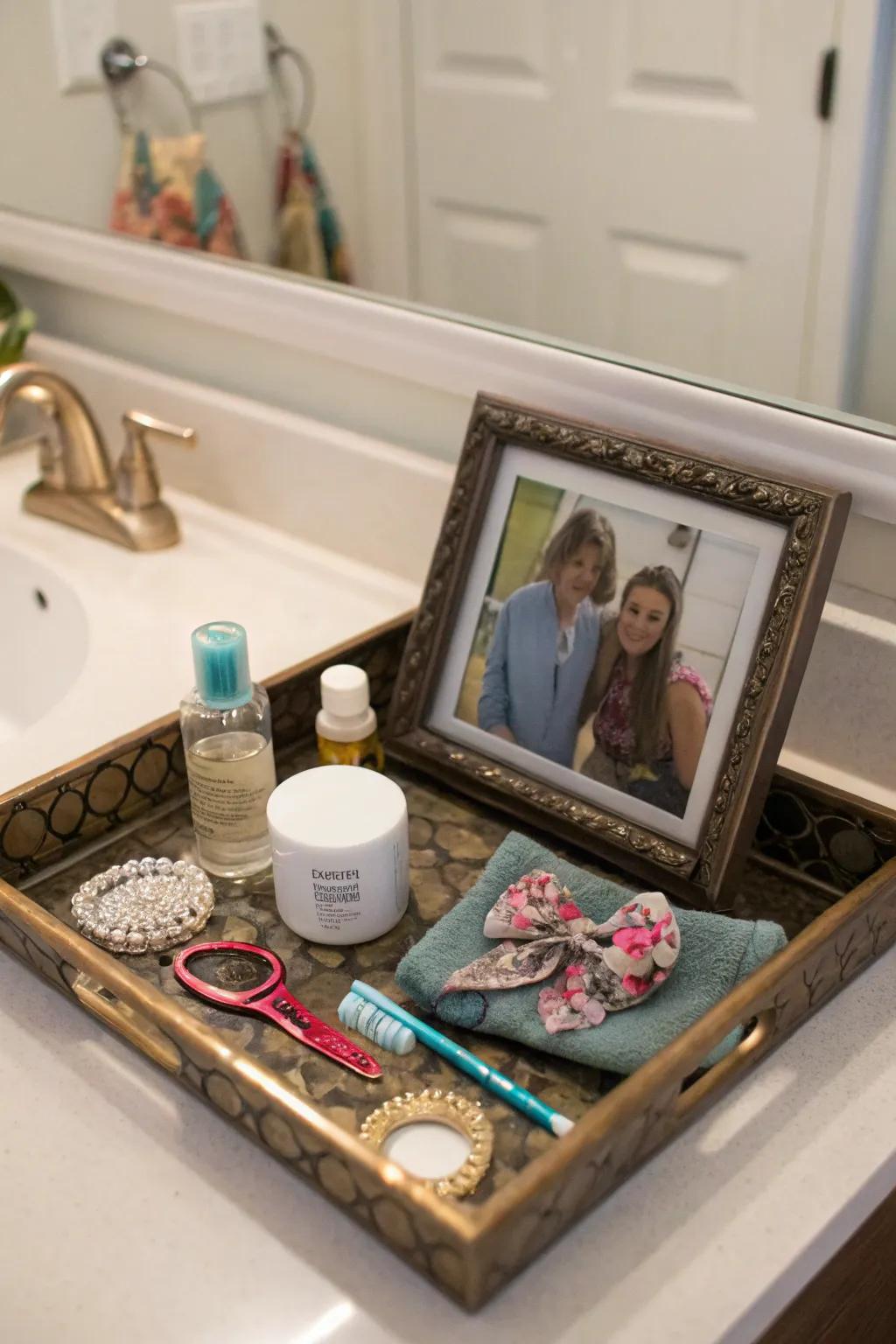 Personal mementos infuse the staging arrangement with warmth and individuality.