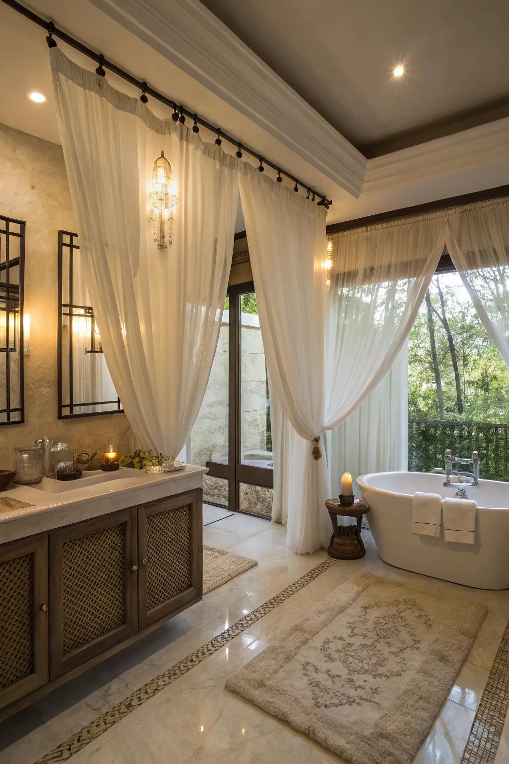 Light drapes crafting a tranquil, spa-inspired ambiance within the bathroom.