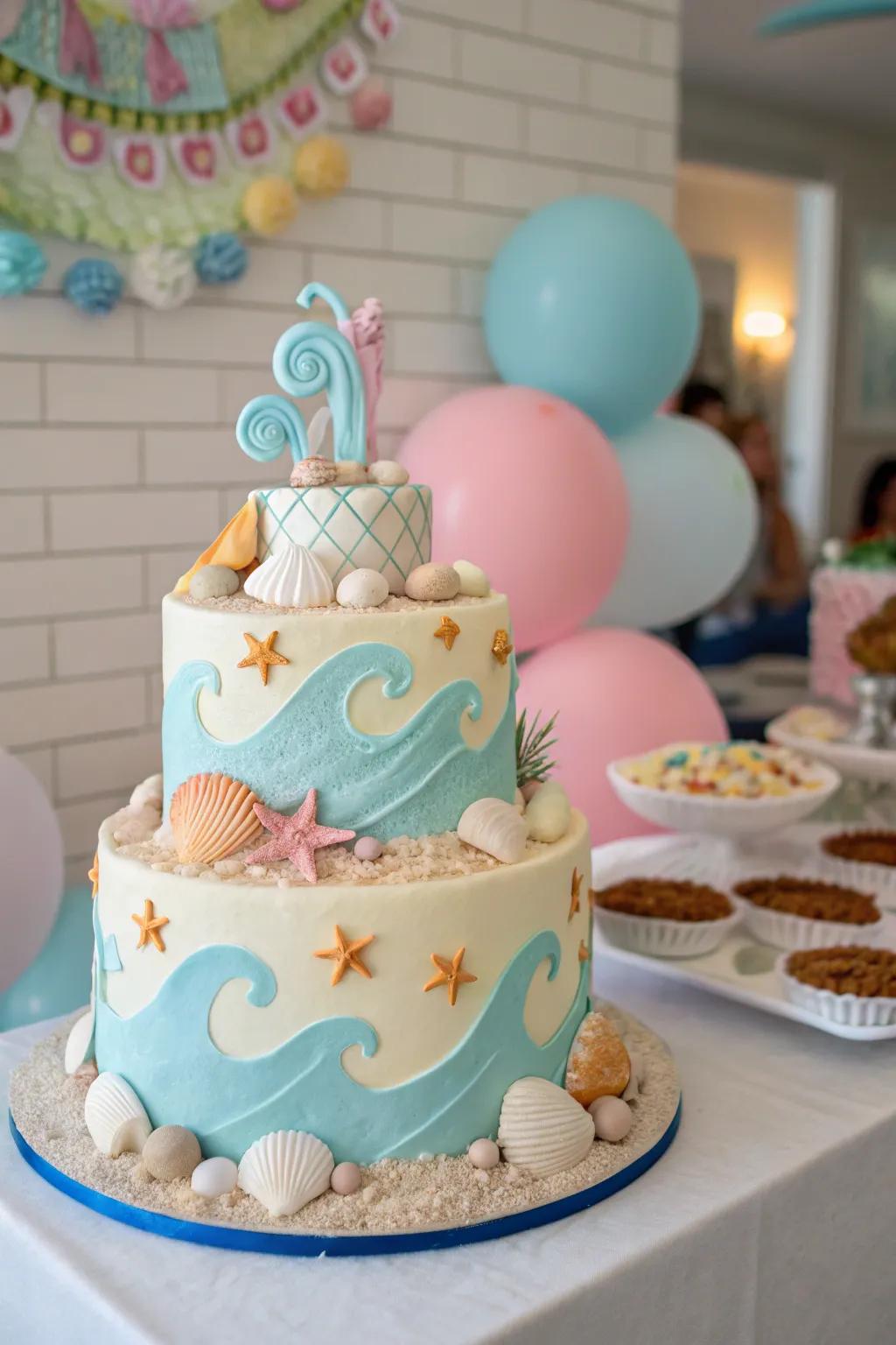 A beach-themed cake provides an exquisite focal point.