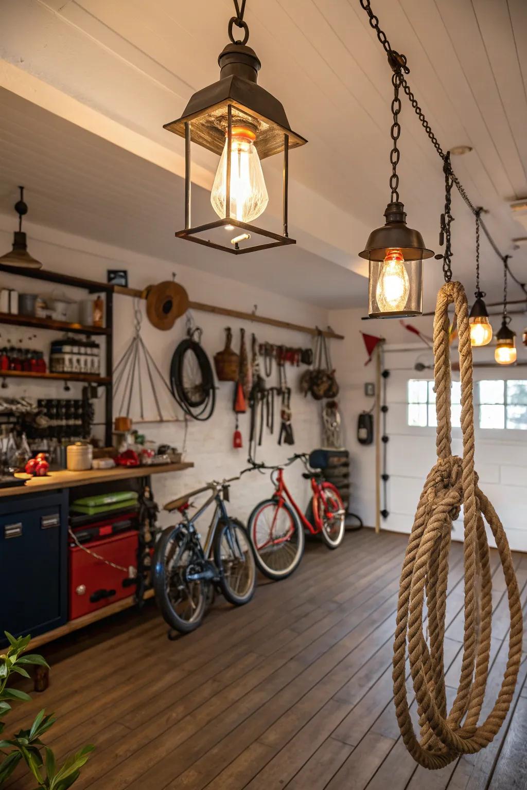 Maritime lights add charm and warmth to this garage.