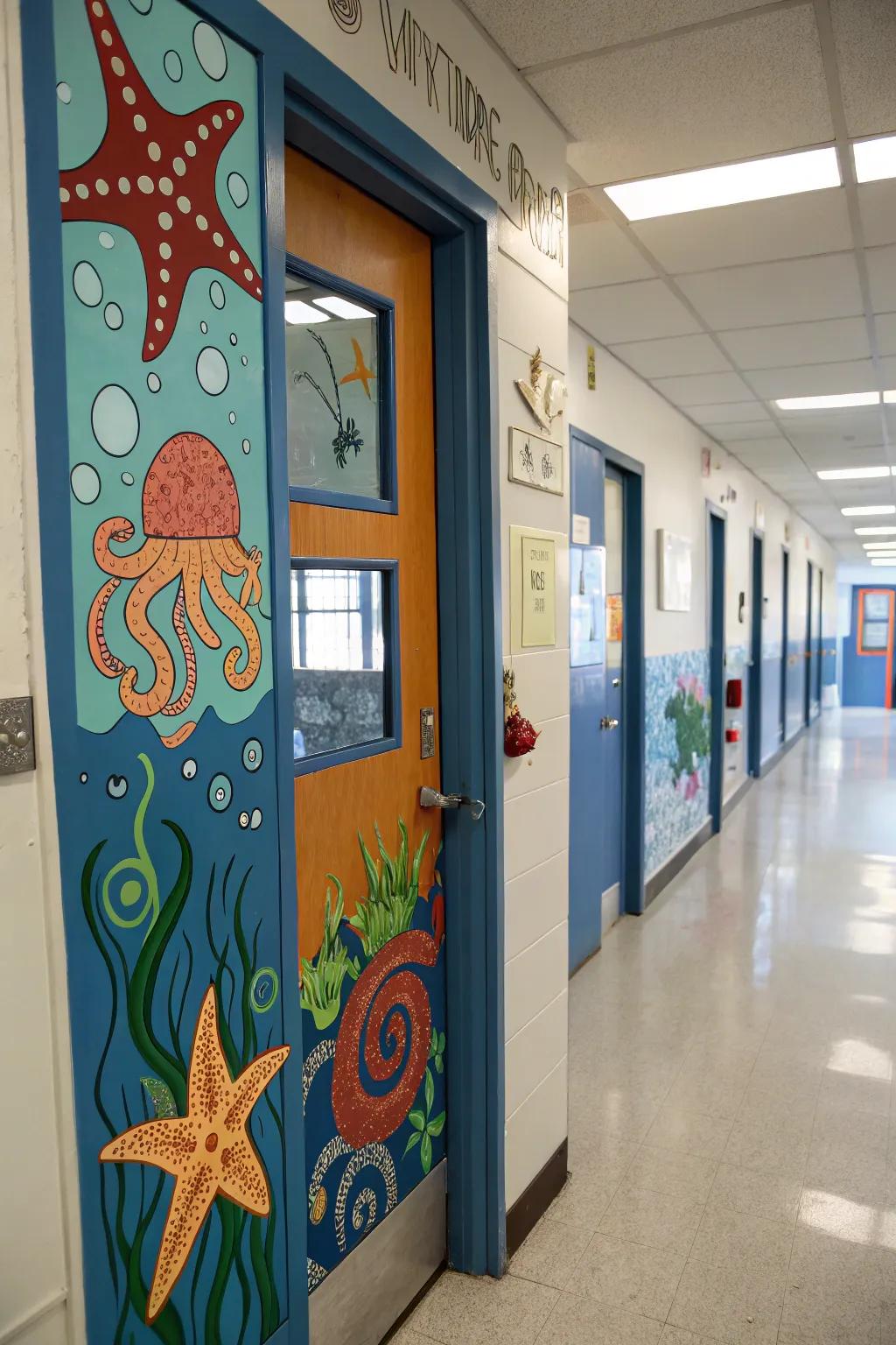 Aquatic creature expedition on a classroom entrance with various ocean animals.