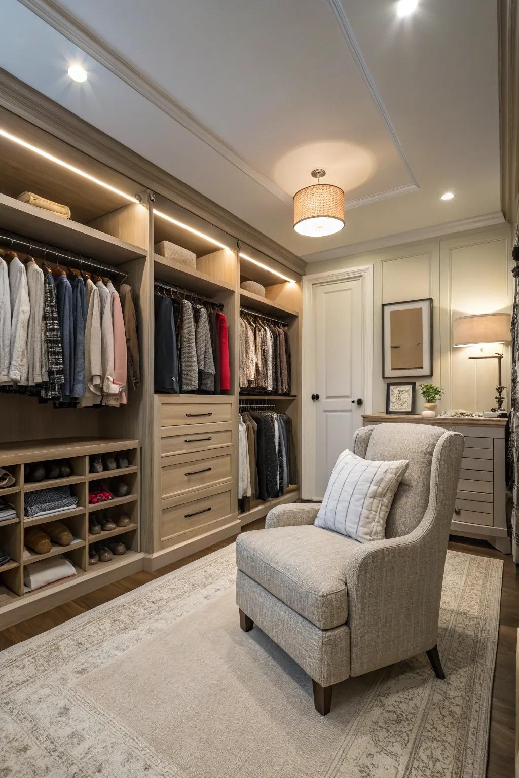 A seating area adds comfort and flair to your closet.