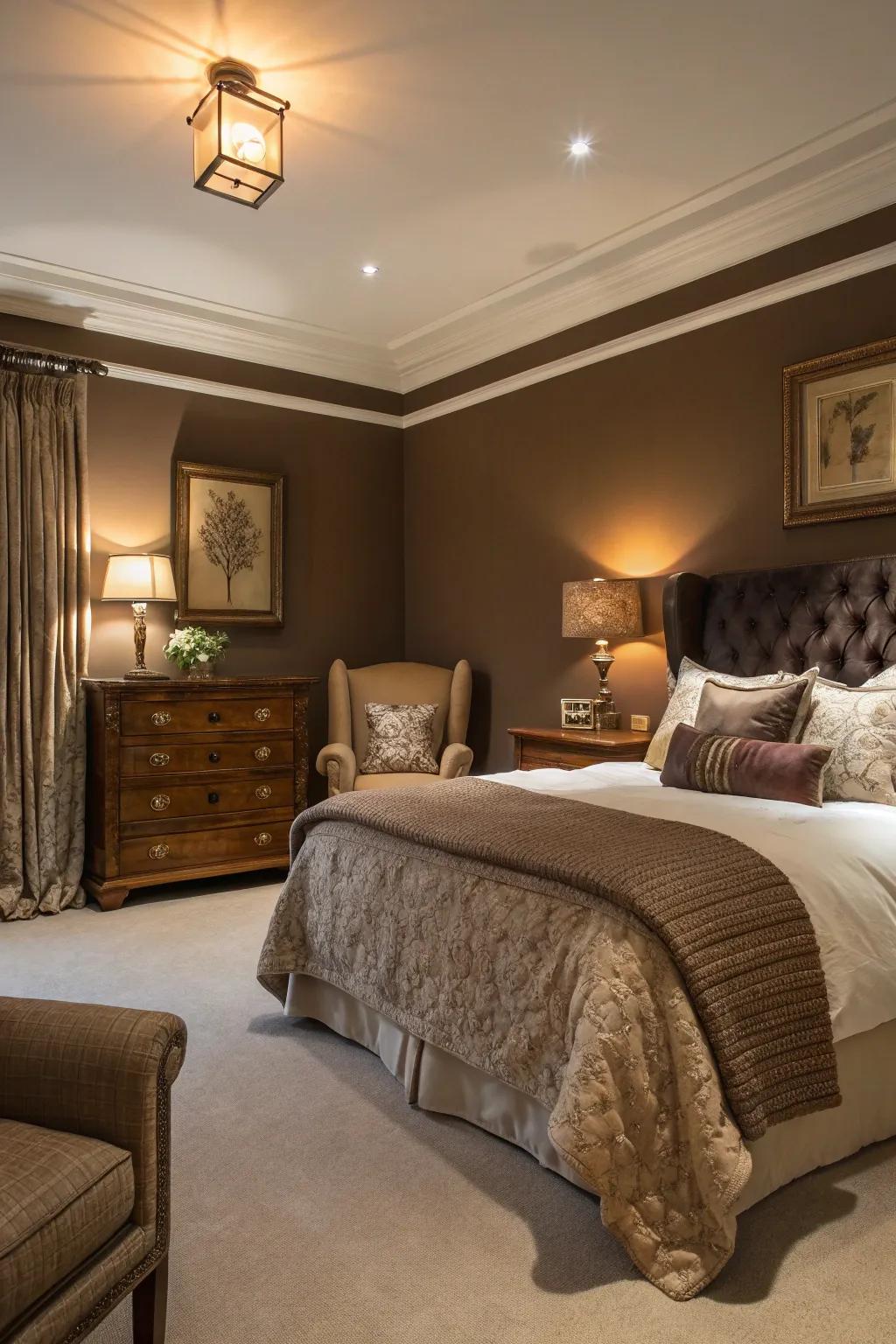 Lavish cocoa tones fashion a luxurious and intimate bedroom setting.