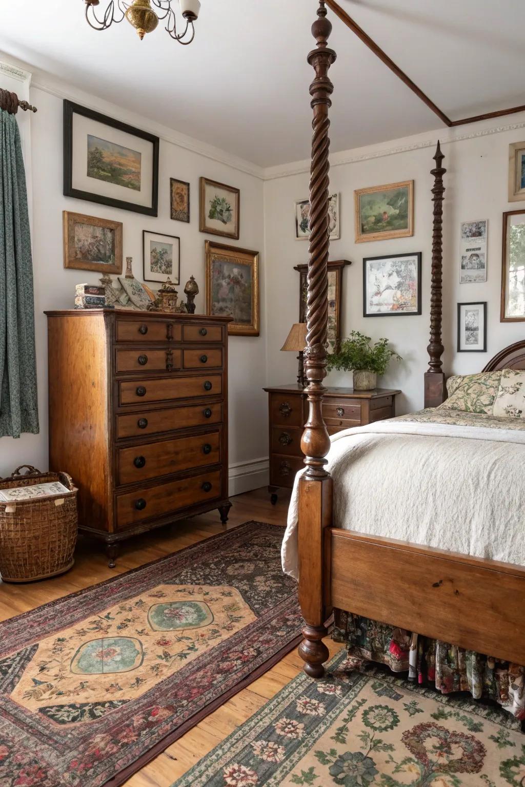 Vintage treasures infuse this bedroom with character and uniqueness.
