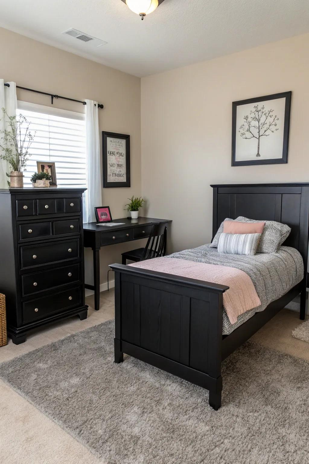 Minimalist design highlights the sophistication of dark furniture within a clutter-free setting.