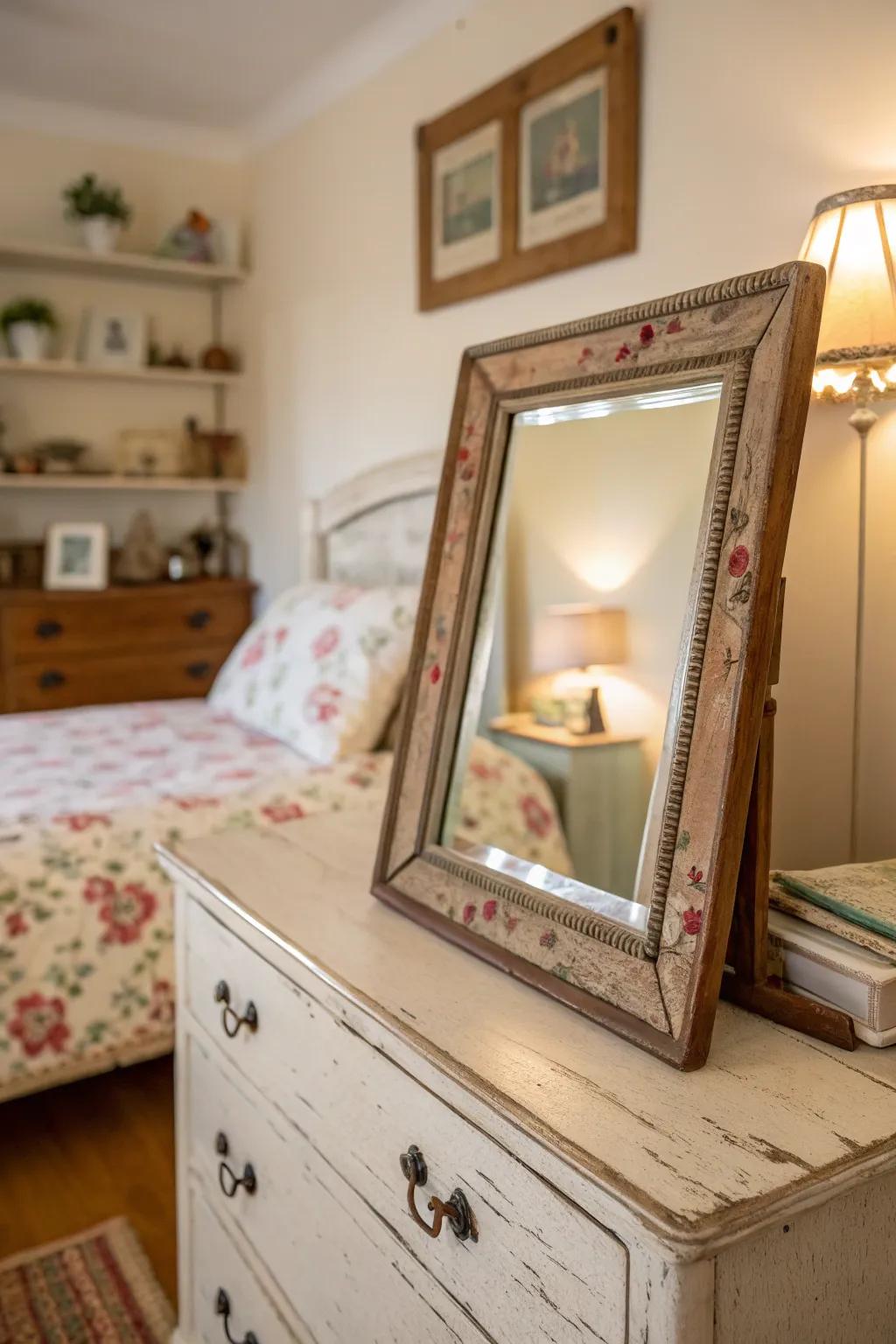 A vintage mirror adds a touch of timeless charm and character to the bedroom.