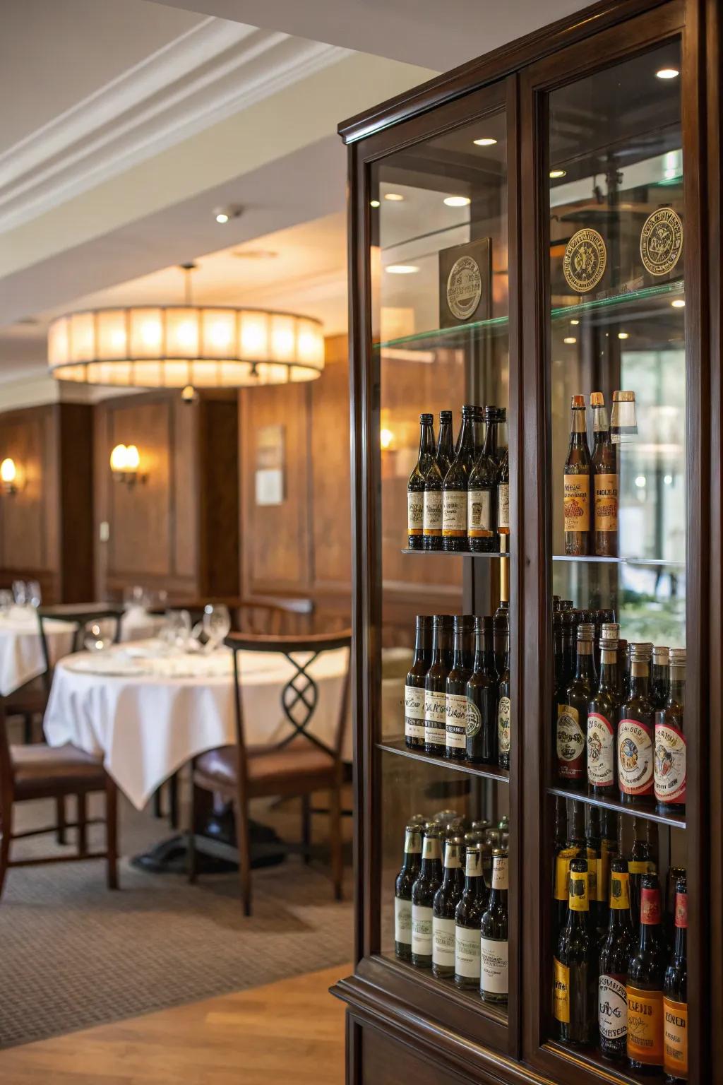 A rich glass show cabinet with ale bottles in an eating room.