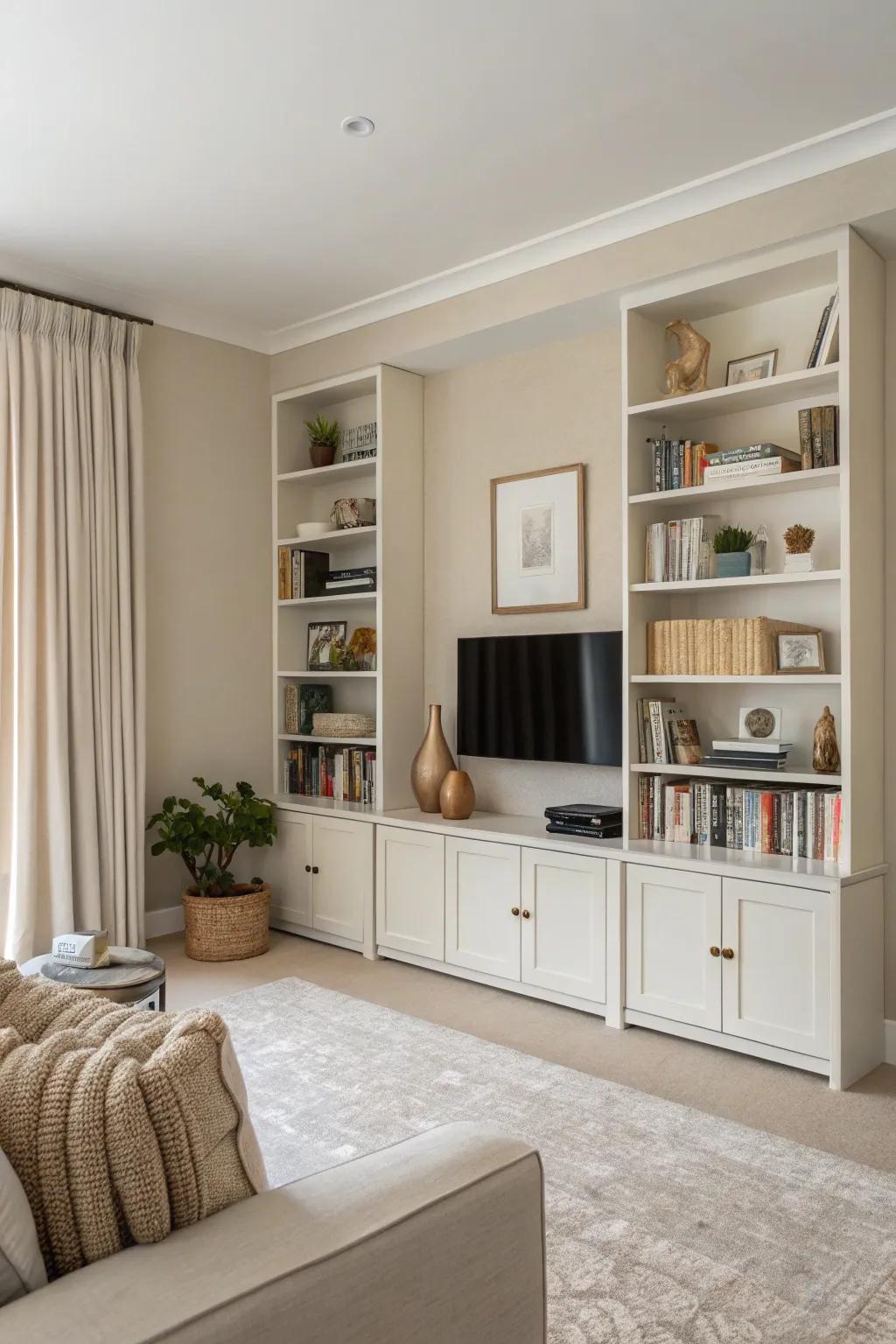 Minimalist shelving keeps things light and organized.