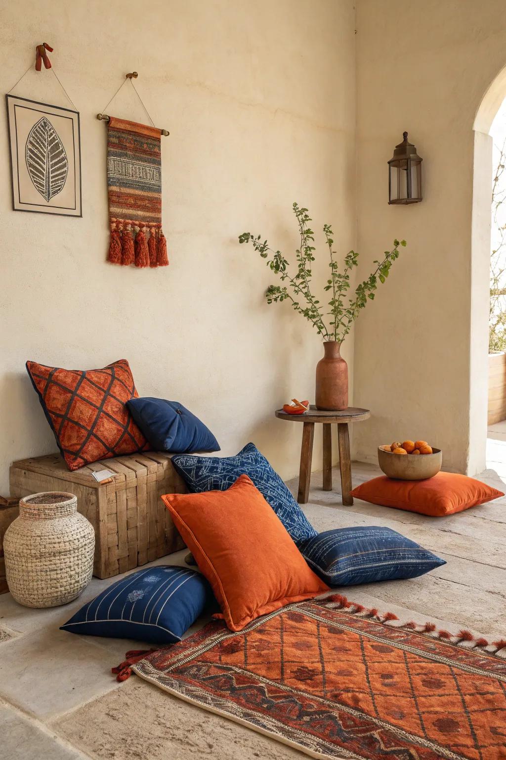 This beige interior is made more exciting by the use of strong colors.