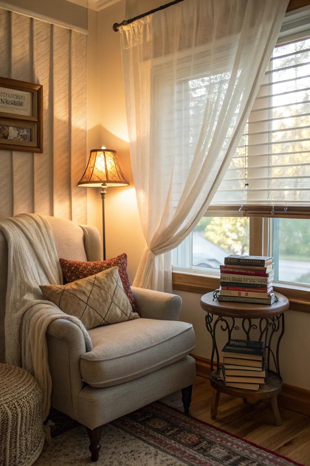 Blinds to create an inviting, cozy reading corner.