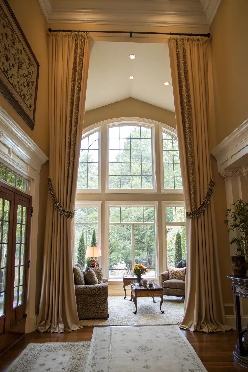 Window coverings that frame the room enhance its structural beauty.