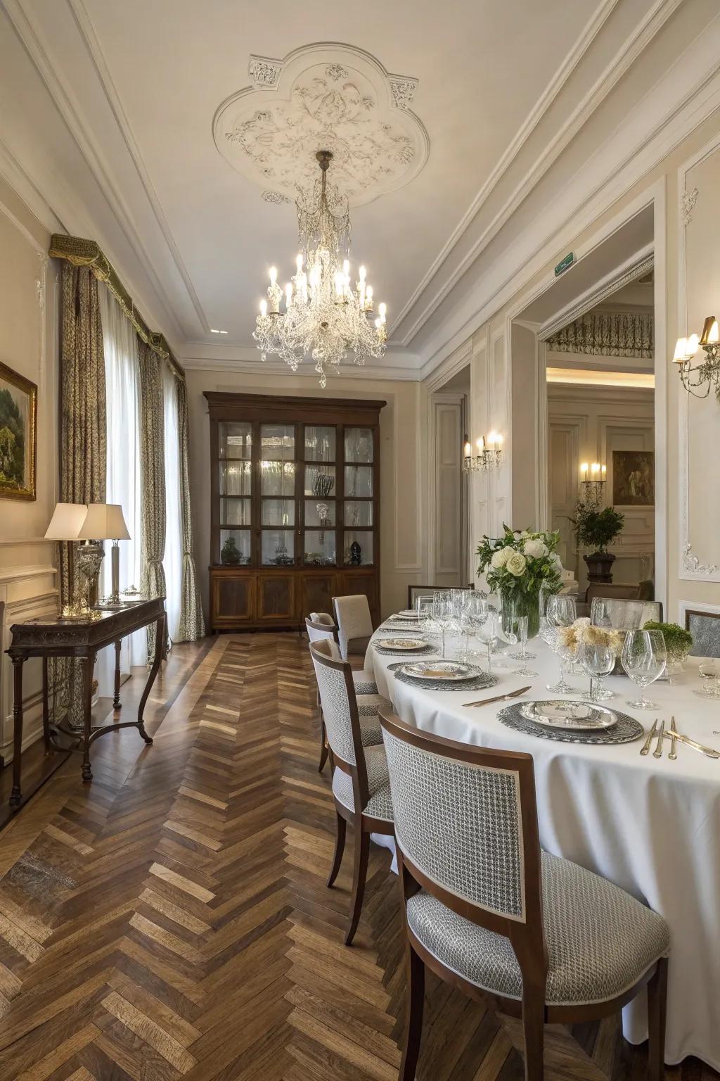 Parquet timber flooring enhances elegance and style.