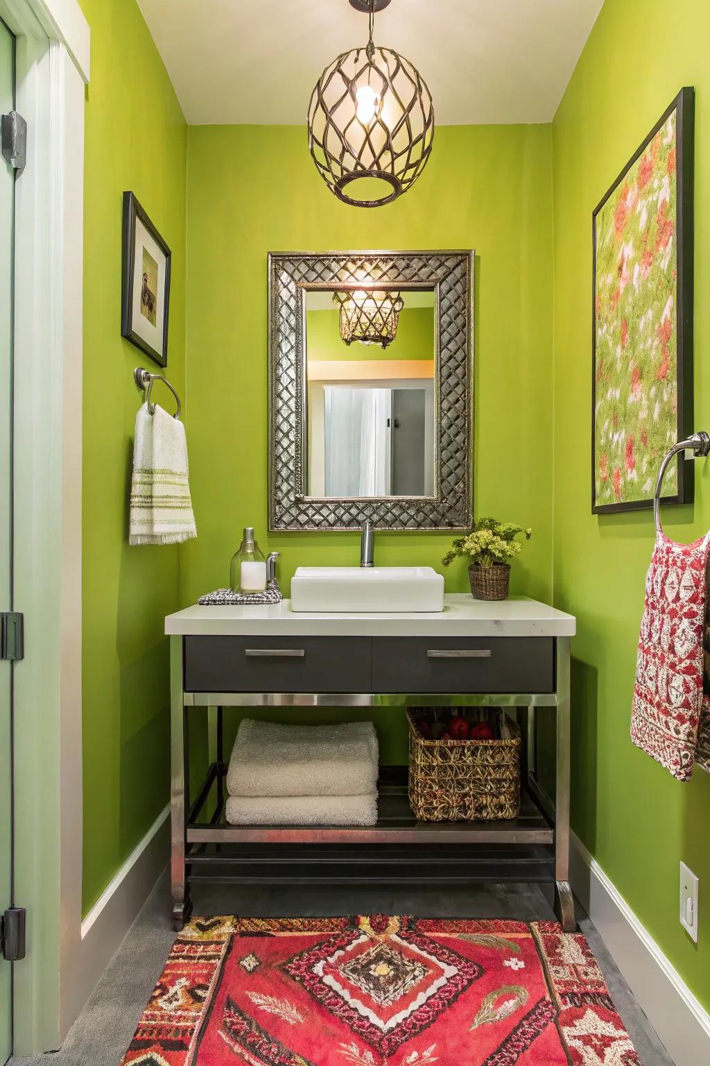 A vibrant room emphasizing citrus green walls.