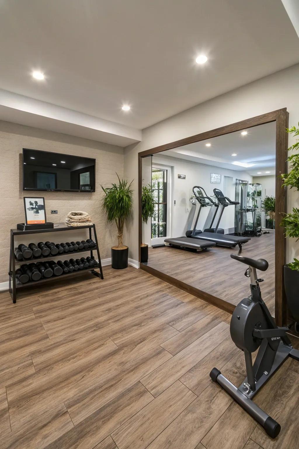 Vinyl tiles offer a fashionable and easy-to-maintain gym aesthetic.