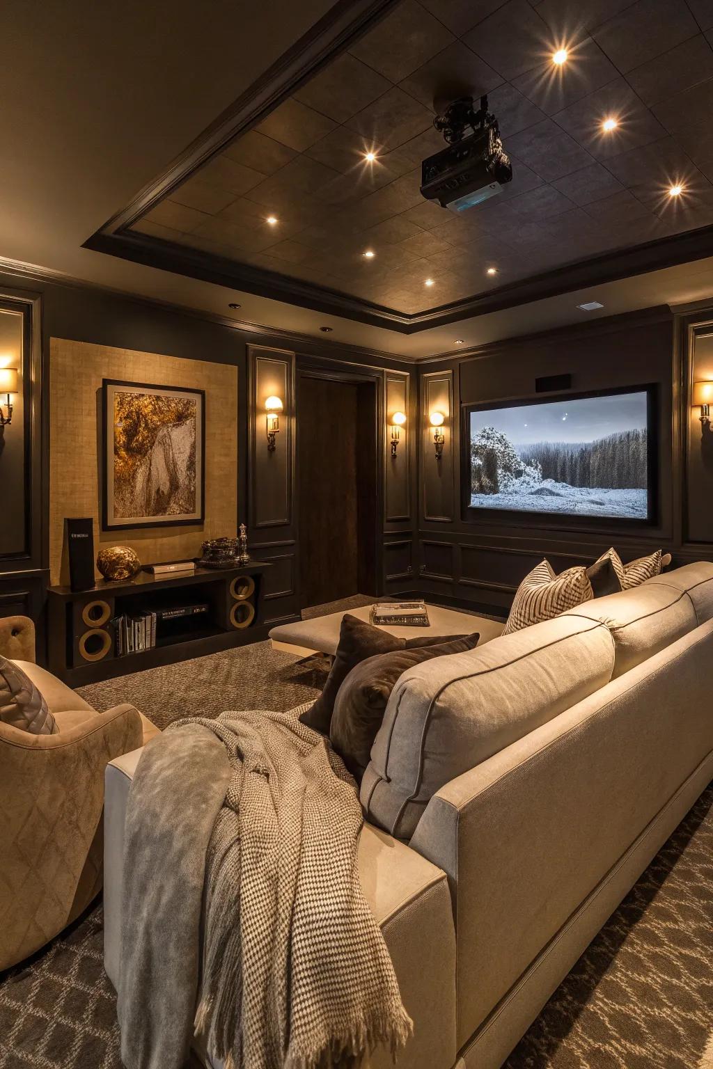 Intimate seating corners that enhance the cozy atmosphere of this home theater.
