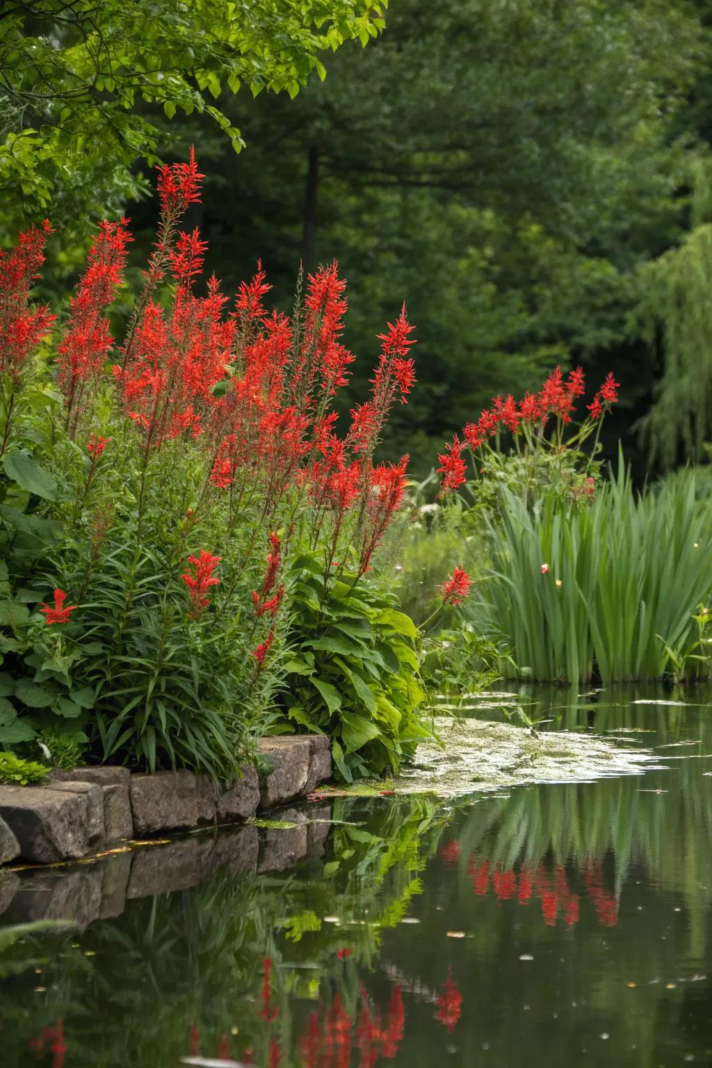 Scarlet Lobelias attract hummingbirds using their vibrant crimson blossoms.