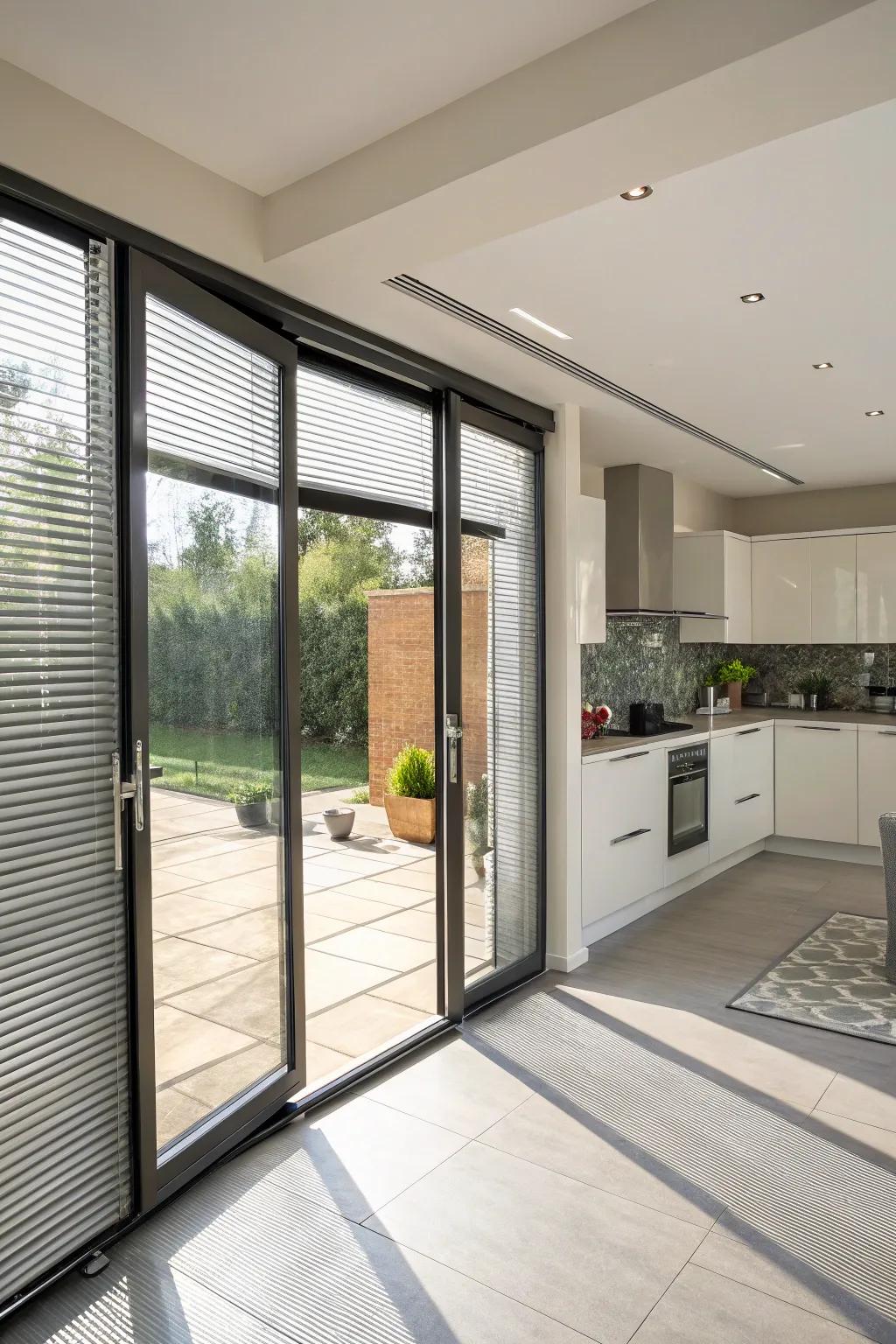 Built-in shades in folding doors offer adaptable light control.