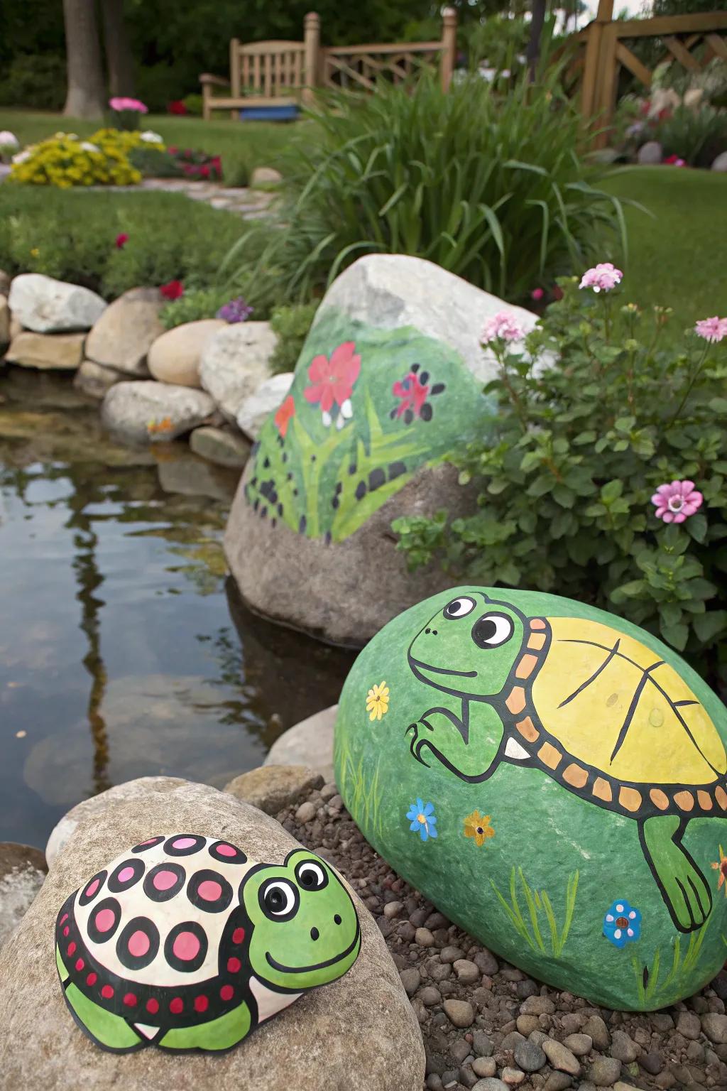 Enchant your garden with guardian frog and turtle rocks.