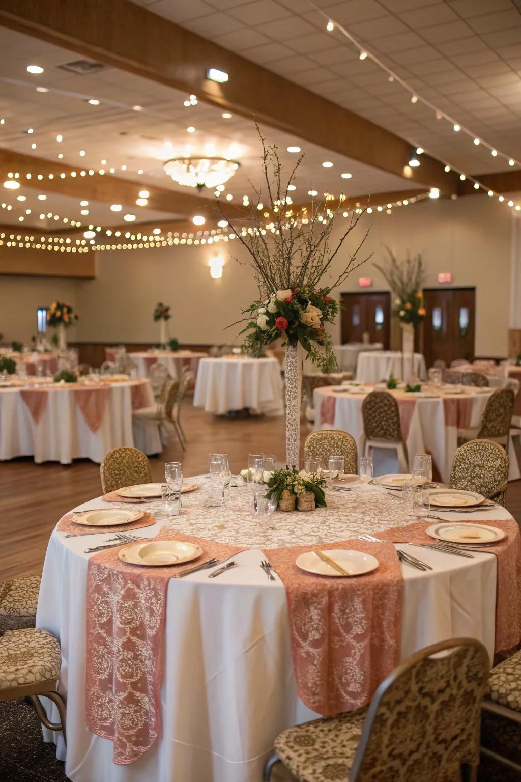 Charming table decor elevates the overall look of the hall.