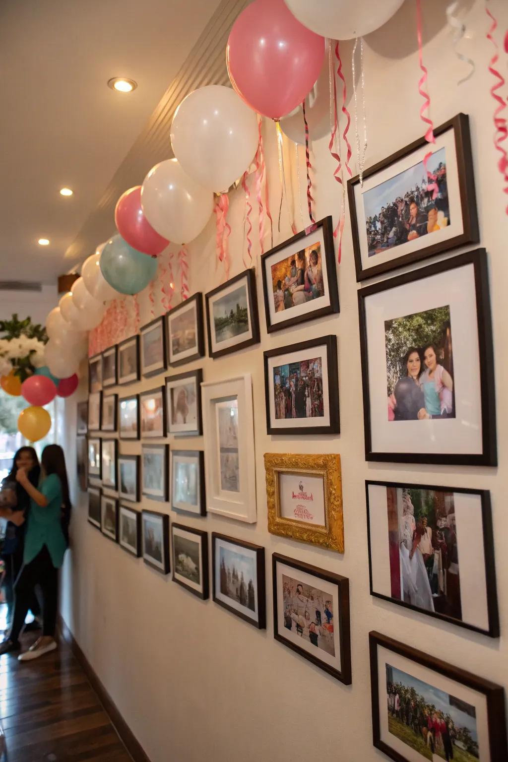 A photo collage wall adds a sentimental touch.
