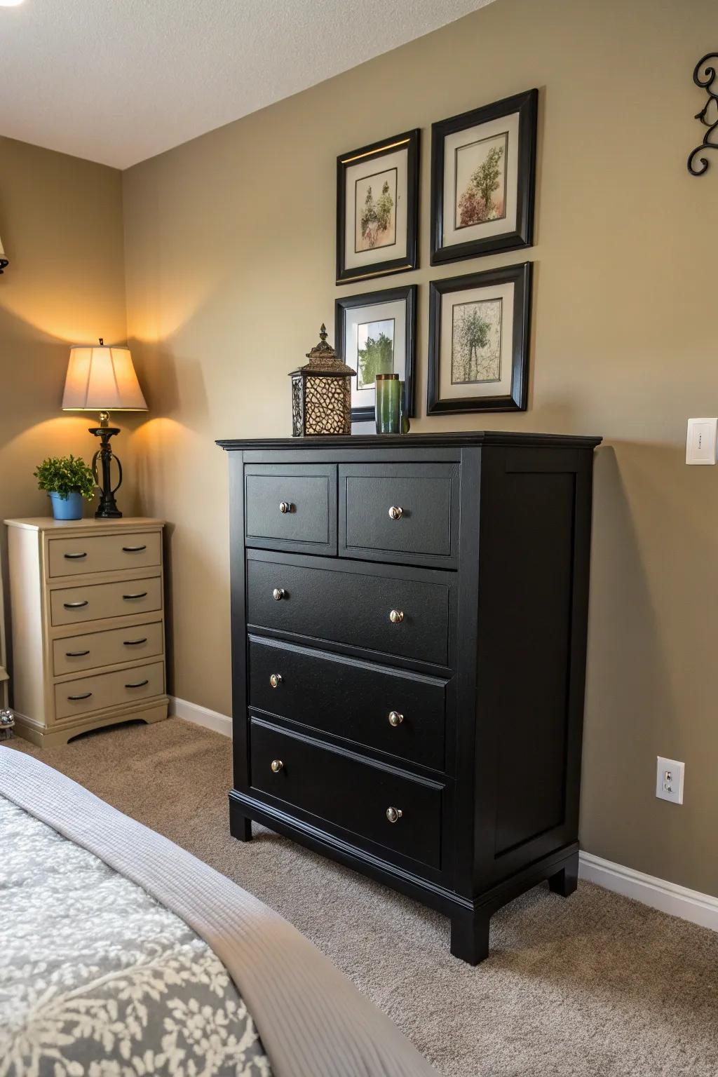 Furniture contrasts create a stylish visual impact.