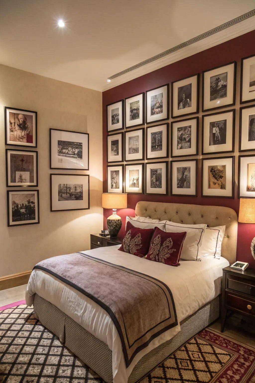 A display of images lends personal charm and character to your bedroom.