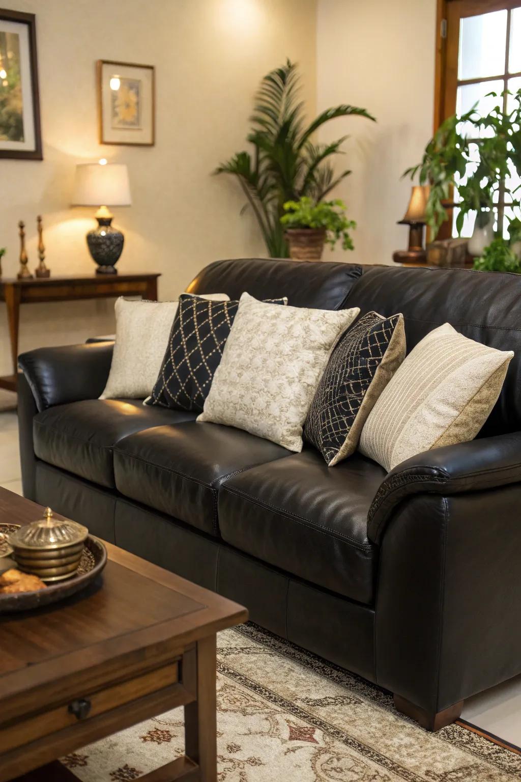 A mix of leather and silk textures adds depth to the ebony and ivory decor.